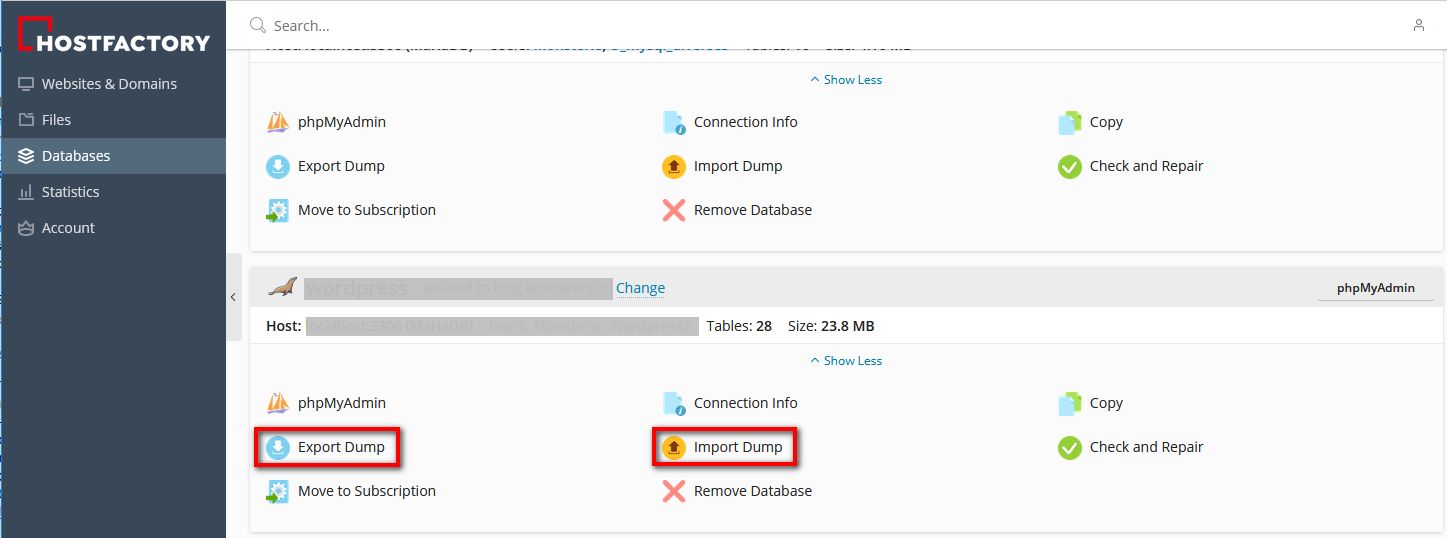 Exporting and importing database dumps in Plesk